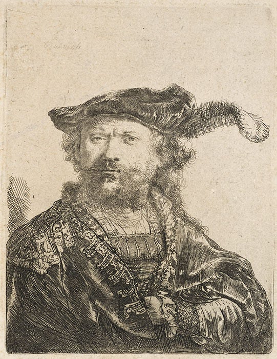 Rembrandt van Rijn Portrait Print - SELF-PORTRAIT IN A VELVET CAP WITH PLUME