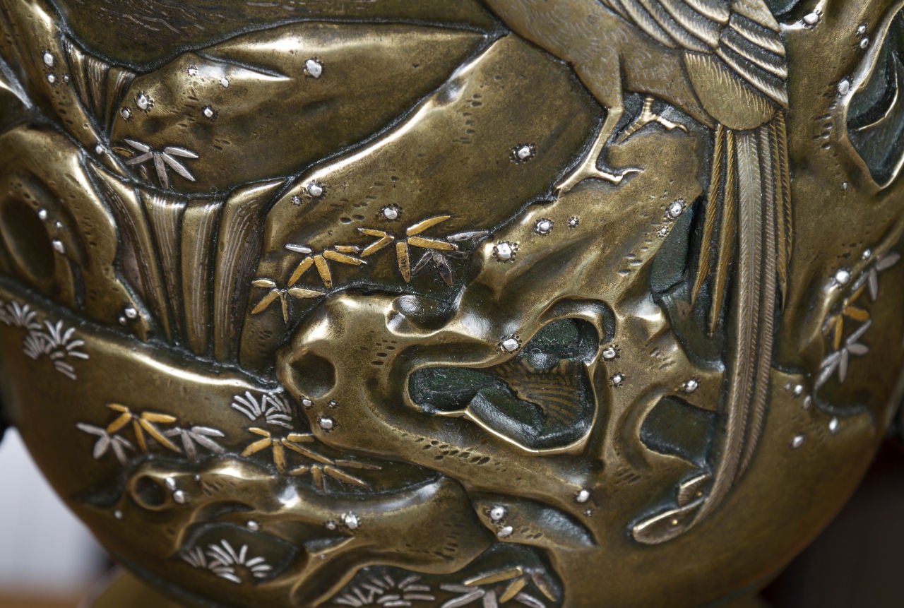 It was during the late Meiji period that exquisite examples of bronzes, such as this one, were first seen by the West during the international expositions. It was only the Japanese that understood the value of color in metal. In many examples we see