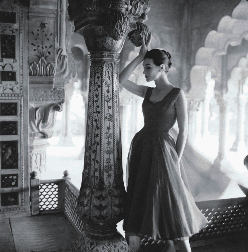 Norman Parkinson Black and White Photograph - Honeycomb marble st the Red Fort, Delhi, India, Vogue. Anne Gunning wearing an evening dress in rose red chiffon by Susan Small.