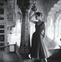 Honeycomb marble st the Red Fort, Delhi, India, Vogue. Anne Gunning wearing an evening dress in rose red chiffon by Susan Small.