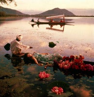 Floating with flowers, India, Vogue. Barbara Mullen floating in a cotton mousseline dress by Atrima., 1956