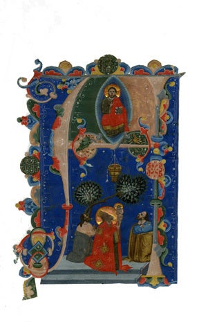 (275 x 185 mm.)


The initial probably illustrates Psalm 25, "Ad te levavi animam meam" (I lift up my soul to thee, O Lord).  On either side there are two kneeling figures looking up towards Christ who appears in a mandorla, in the act of blessing