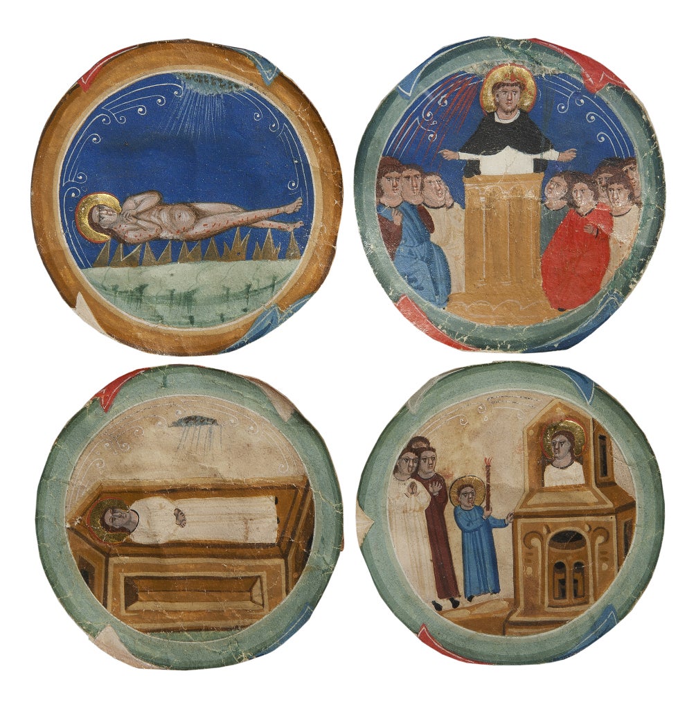 (70 mm. each) 

These roundels were cut, probably before 1932, from Choir books executed for the church of San Domenico in Bologna, the burial place of Saint Dominic himself. Ten volumes of the Antiphonal and eleven volumes of the Gradual are still