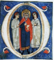 Melchisedek (?) and two Levites in an initial - Bolognese Illuminator of c. 1290 (Workshop of the Gerona Mas