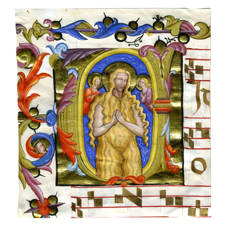 Tuscany, Lucca, end 14th century

This illuminated initial "C" shows Mary Magdalene, her hands clasped together in prayer, borne into the heavens by two angels.  On the verso the fragment of text in rounded Gothic script and square musical notation