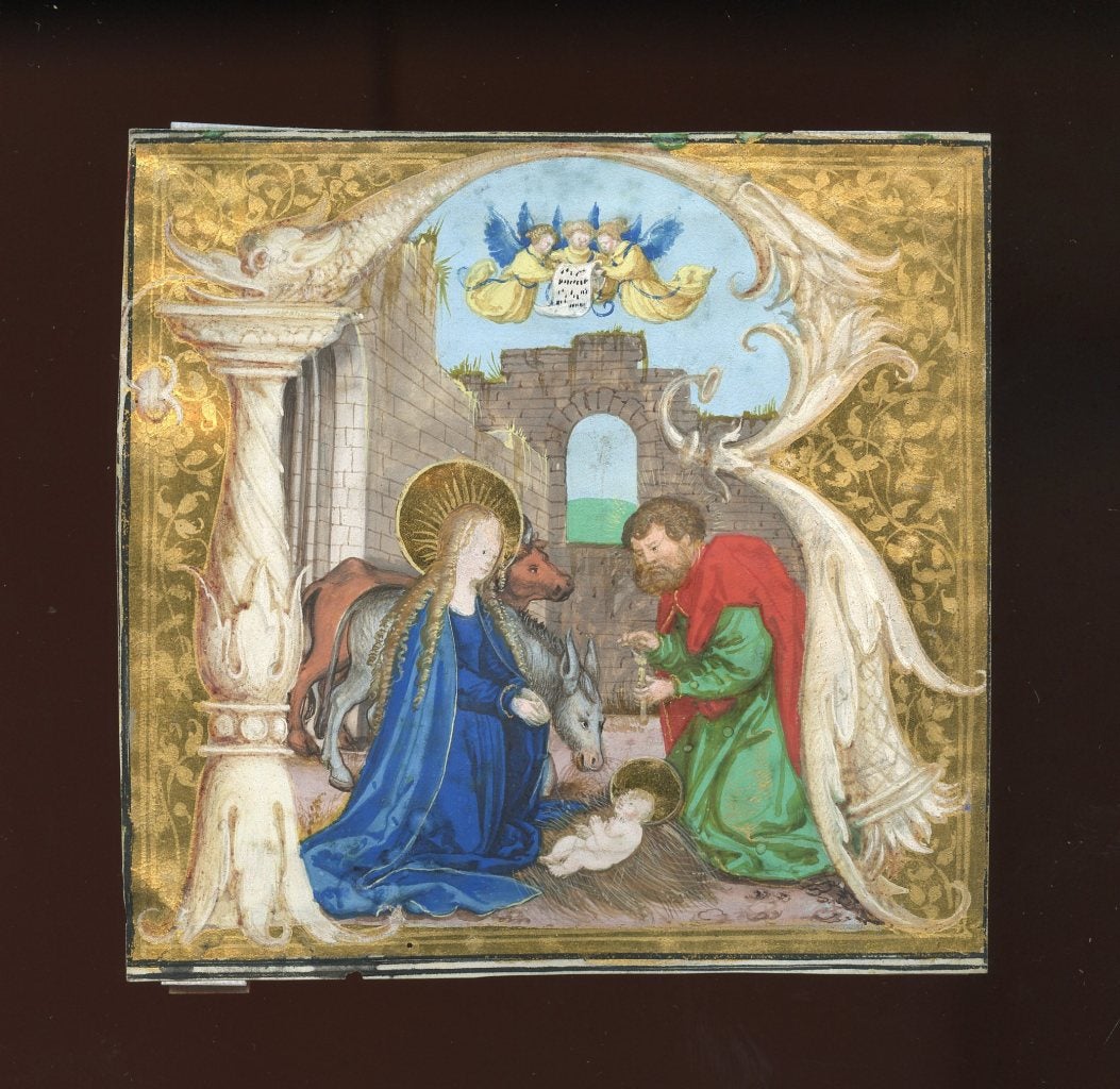 (c. 138 x 132 mm.)

This cutting comes from a large Antiphonal, where it once introduced the antiphon Rex pacificus magnificatus est (The King of Peace is Magnified) at First Vespers for the Feast of the Nativity on Christmas Day.  In an open