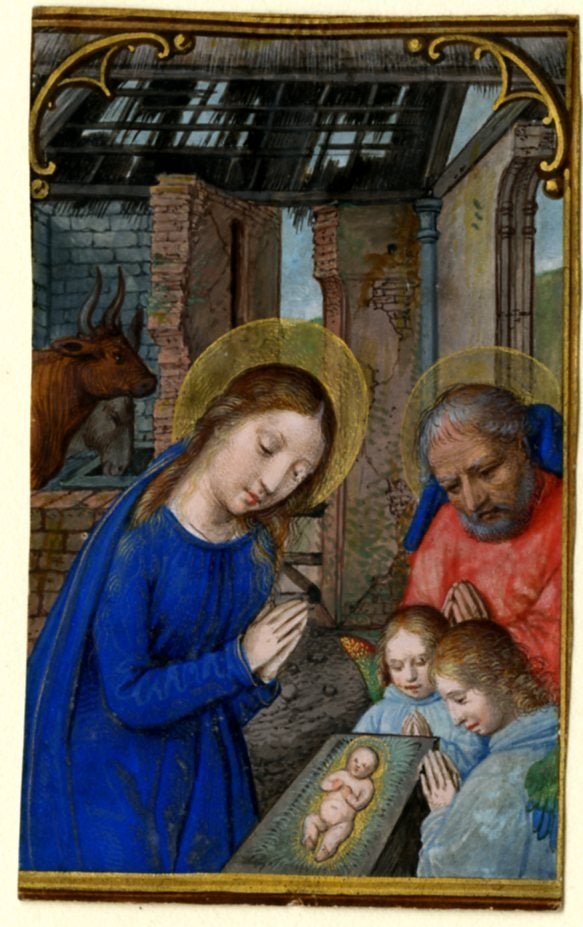 (76 x 45 mm.)

Set within a gold bar border with brackets at the upper corners, in the foreground half-length figures of Mary and Joseph with hands joined gaze down at the newborn Christ Child, rays emanating from his body. Two angels look on, while