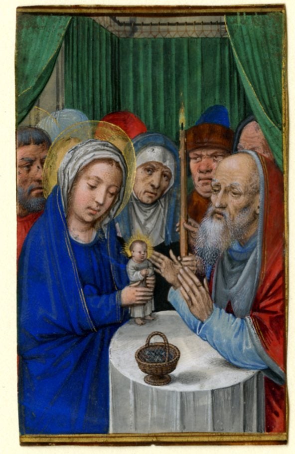 (76 x 45 mm.)

Rendered as an intimate scene and set within a gold bar border, the Presentation takes place in a side-chapel or sanctuary closed off by green curtains.  Mary and Simeon appear in the foreground with the Christ Child held over a round