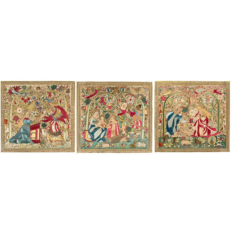 Embroidered Panels:  Annunciation, Nativity, Adoration of the Magi For Sale