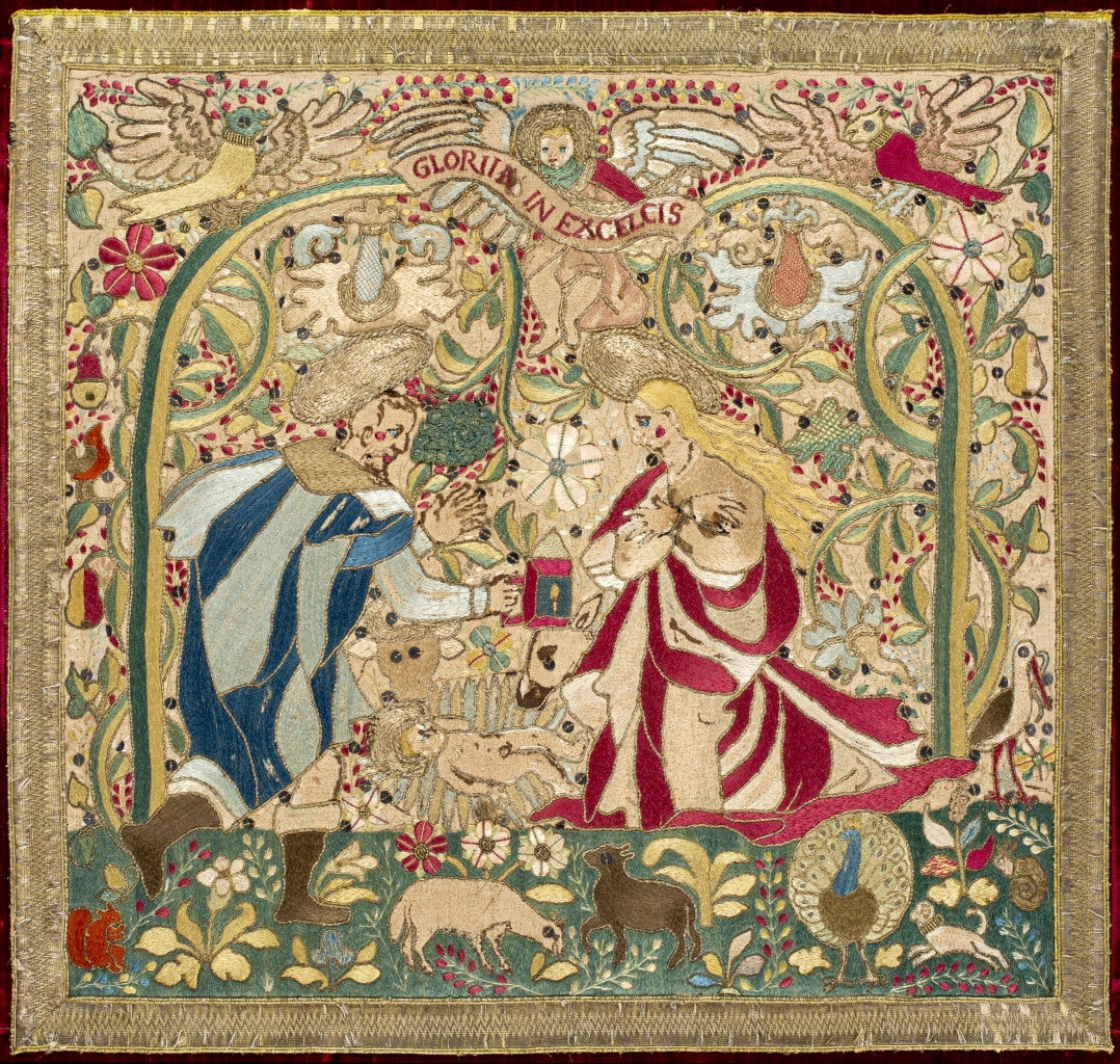 Embroidered Panels:  Annunciation, Nativity, Adoration of the Magi In Excellent Condition For Sale In New York, NY