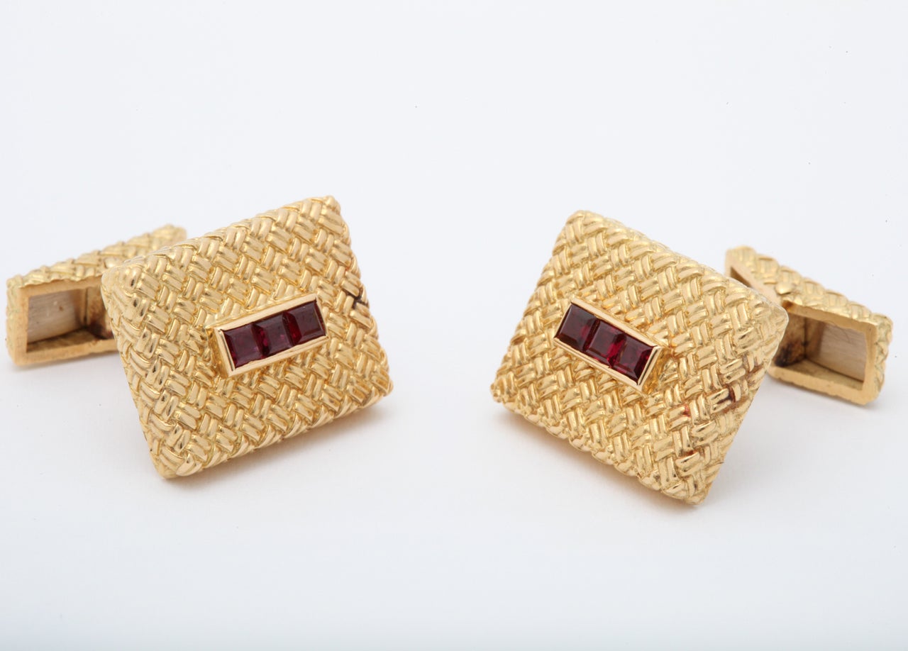 French BasketWeave Design DoubleSided Cufflinks With Rubies