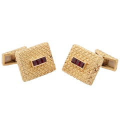 French BasketWeave Design DoubleSided Cufflinks With Rubies