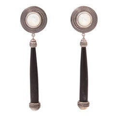 French Deco silver, moonstone and ebony drop earrings
