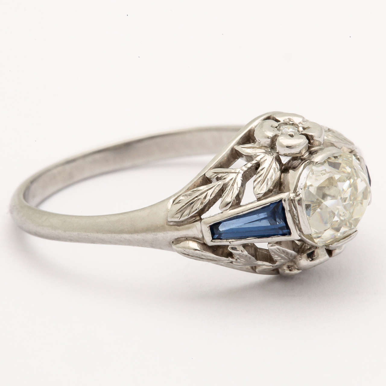 Old Mine Cut Sapphire Diamond Platinum Deco Ring