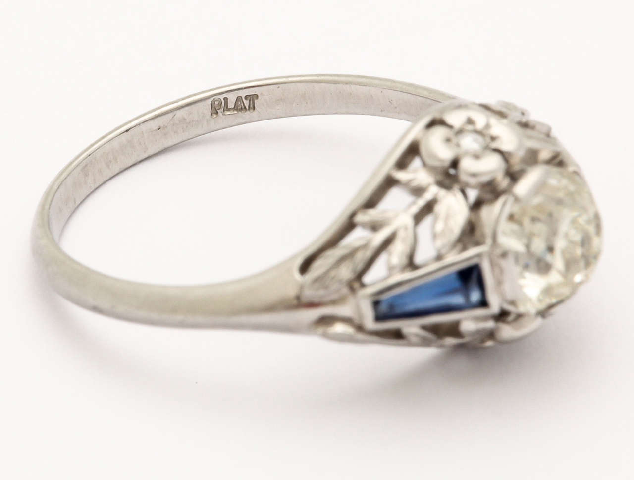 Women's or Men's Old Mine Cut Sapphire Diamond Platinum Deco Ring For Sale