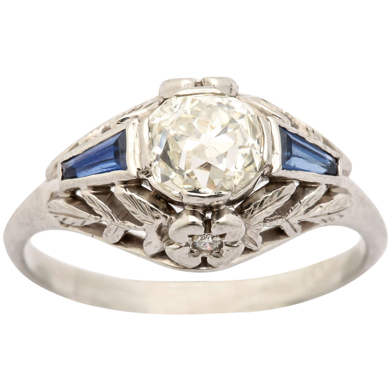 Old Mine Cut Sapphire Diamond Platinum Deco Ring For Sale