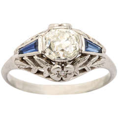 Retro Old Mine Cut Sapphire Diamond Platinum Deco Ring