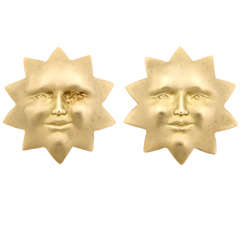 Vintage Gold Sun Face Clip Earrings