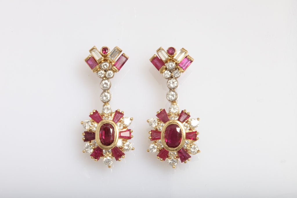 Delightful ruby and diamond spray dangling earrings