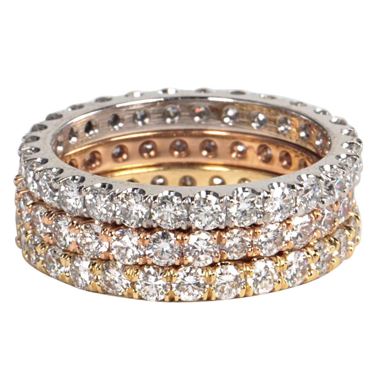 Trio of White Rose and Yellow Gold Diamond Eternity Bands For Sale