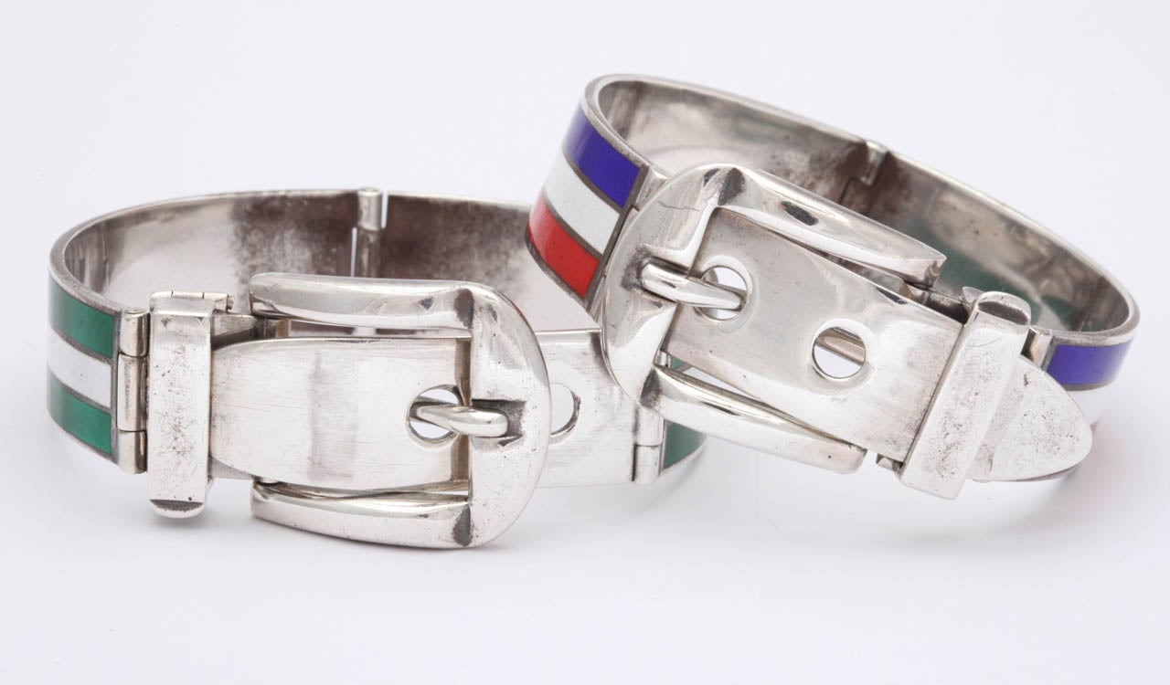 sterling silver and enamel belt buckle bracelets designed by GUCCI made in the 1960's