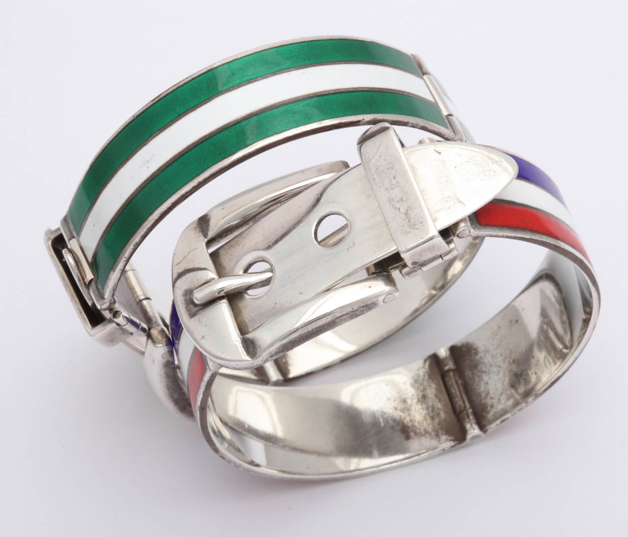 1960s Pair Of Gucci Enamel Silver Belt Bracelets In Excellent Condition In New York, NY