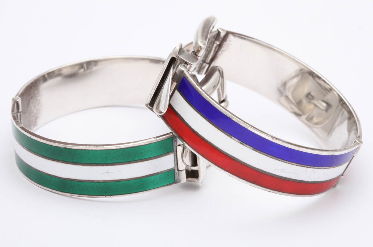 Women's 1960s Pair Of Gucci Enamel Silver Belt Bracelets