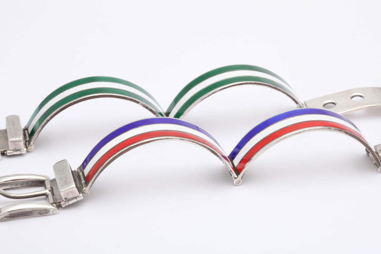 1960s Pair Of Gucci Enamel Silver Belt Bracelets 5