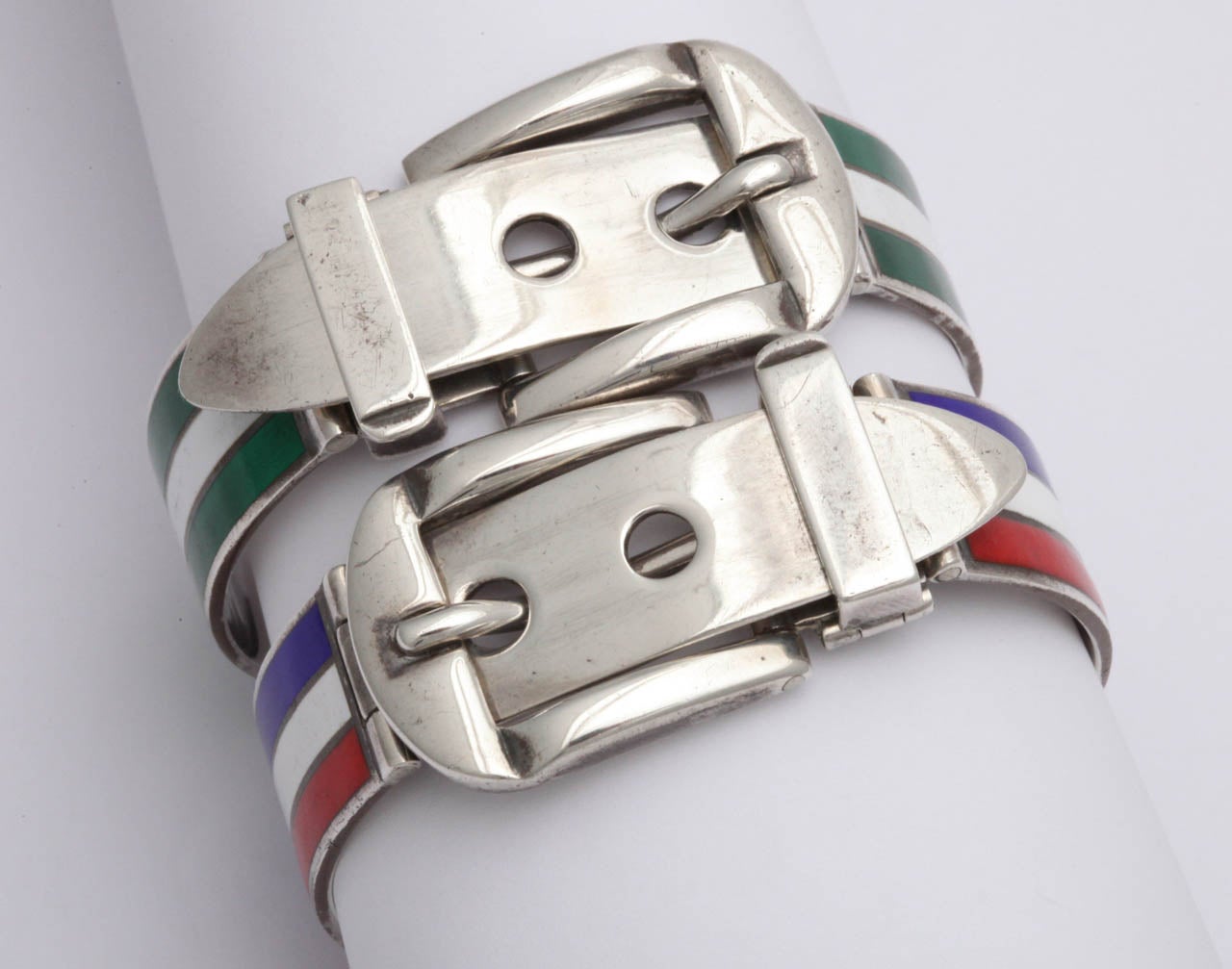 1960s Pair Of Gucci Enamel Silver Belt Bracelets 6