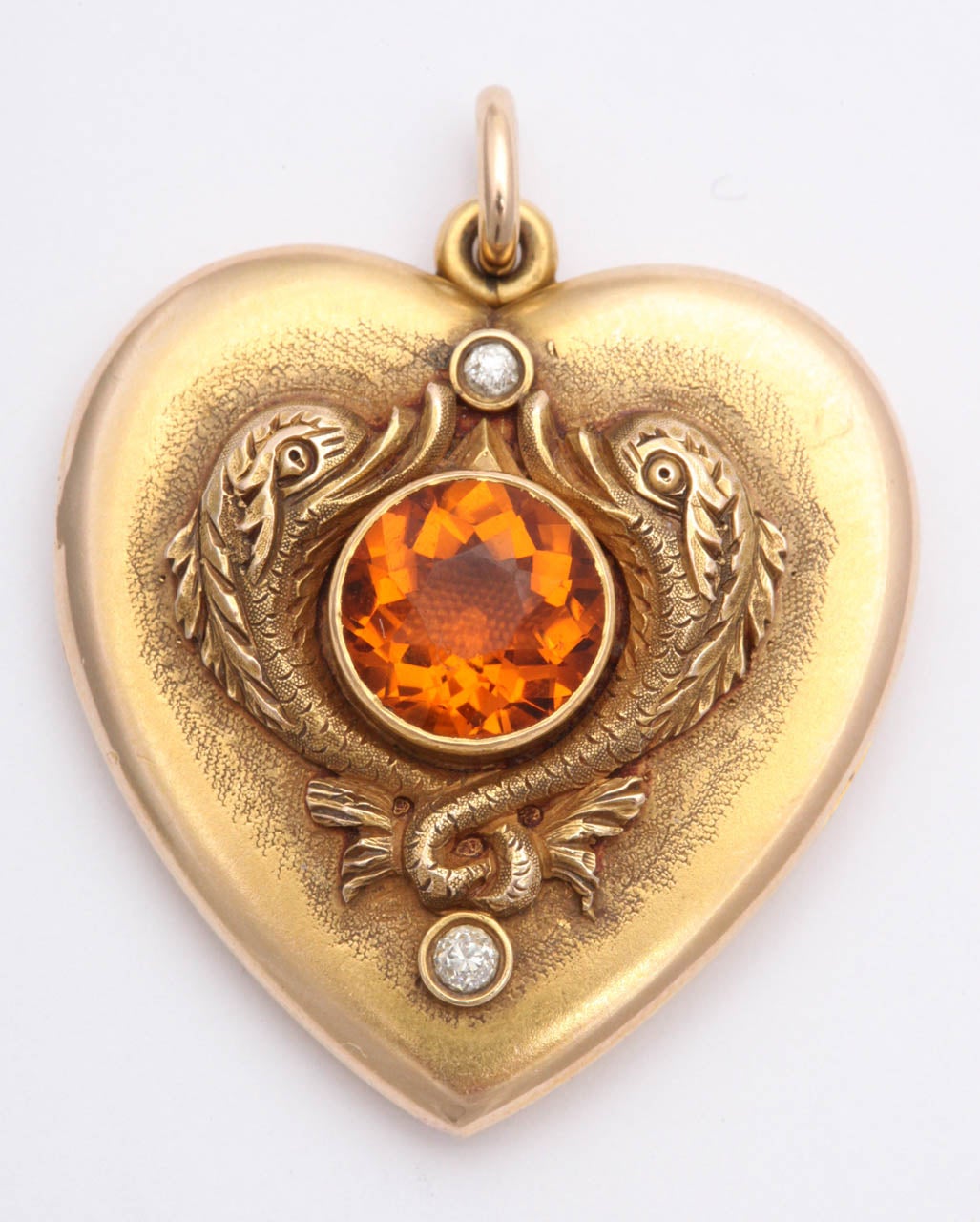 14kt yellow gold ART NOUVEAU Open heart locket centering a brilliant cut beautiful color citrine and surrounded by two old mine cut diamonds with handmade gold workmanship opens up to put two photos inside on each side