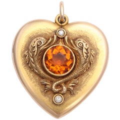 ART NOUVEAU Citrine Diamond Gold Heart locket