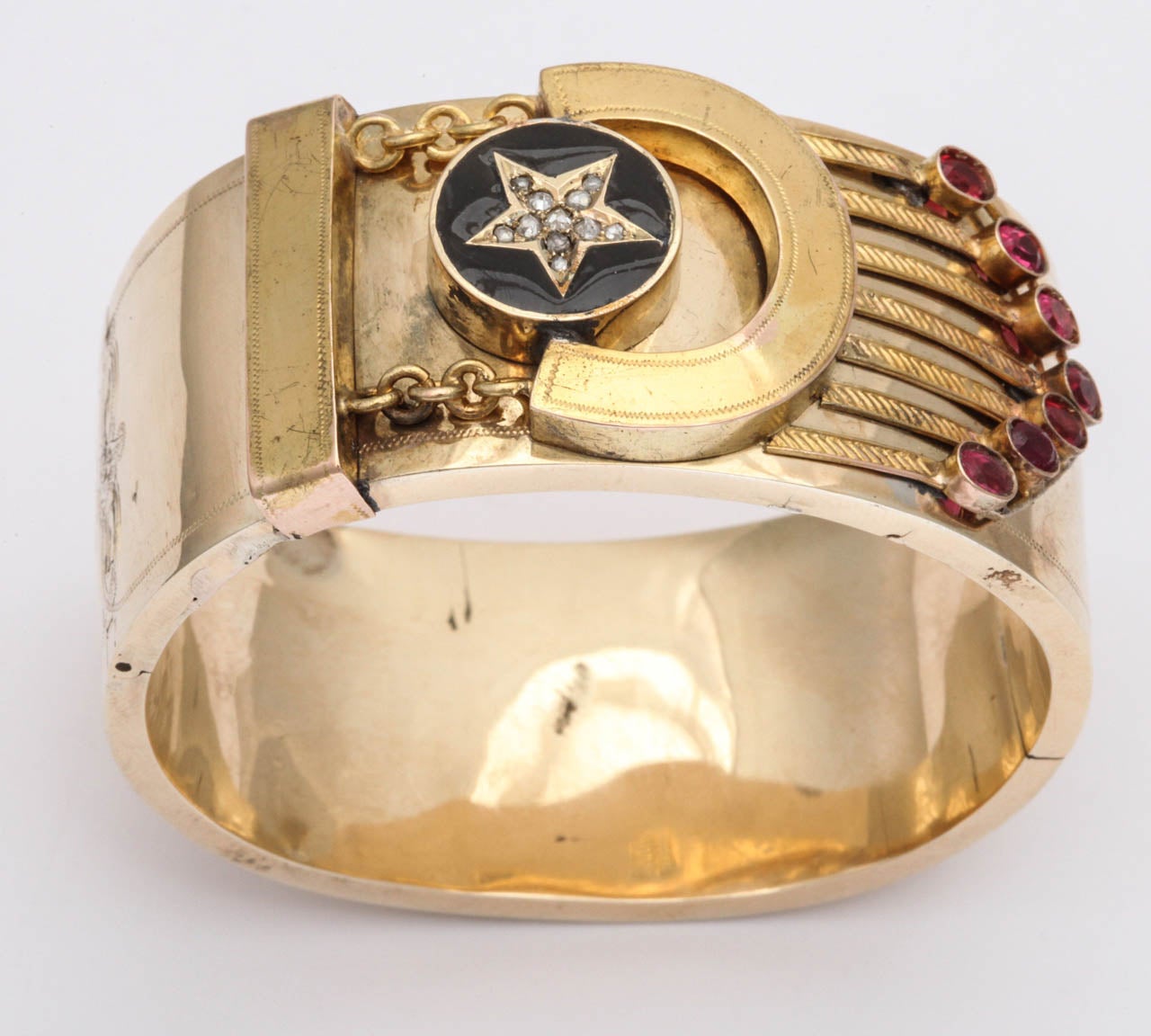14kt yellow gold and rose diamond VICTORIAN Cuff Bangle Bracelet Made with Black Enamel And Rubies Centering se Cut Diamonds m in Russia circa 1880's