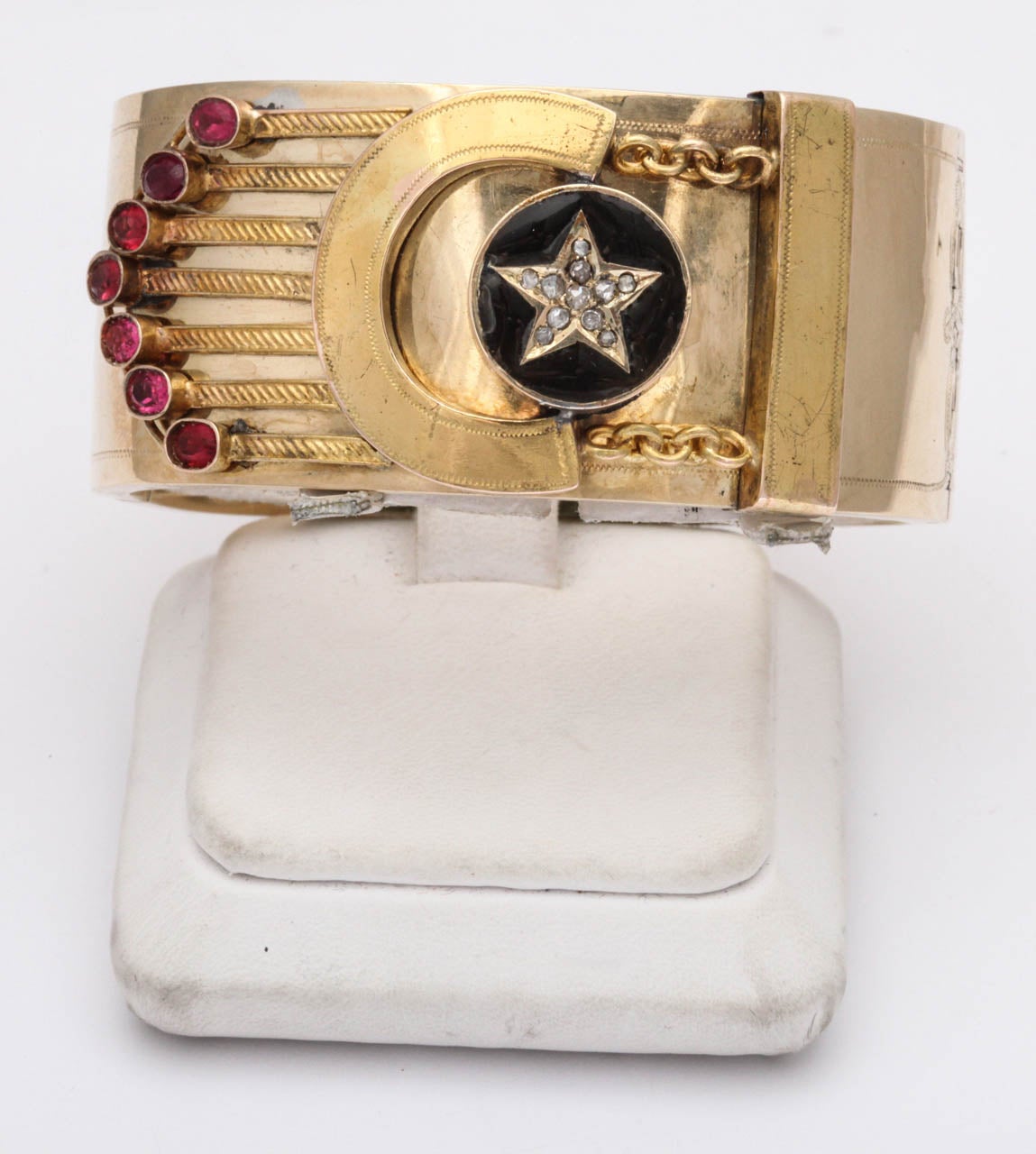 Victorian 1880s Russian Black Enamel Ruby Gold Cuff Bracelet