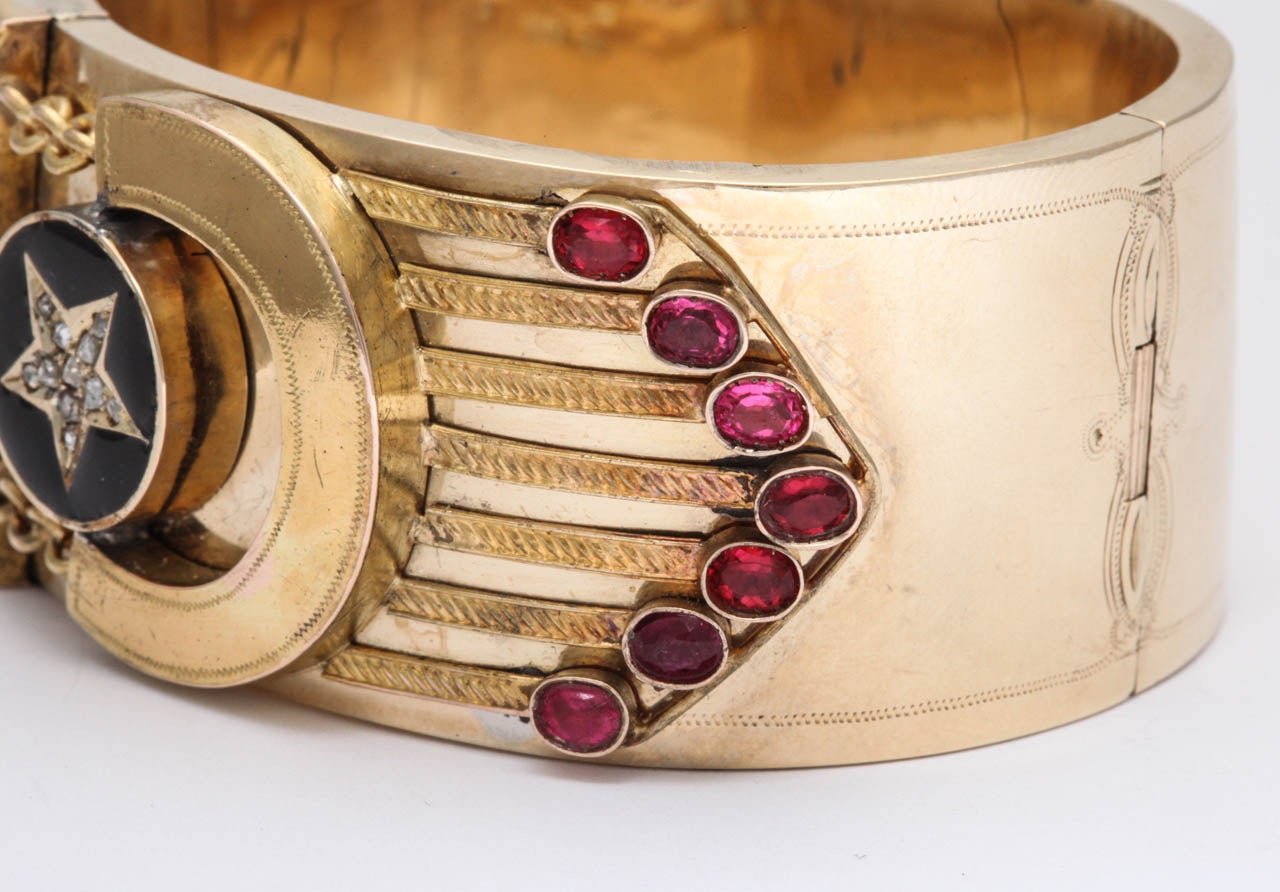 1880s Russian Black Enamel Ruby Gold Cuff Bracelet In Good Condition In New York, NY