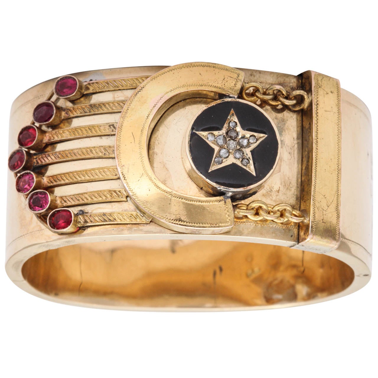 1880s Russian Black Enamel Ruby Gold Cuff Bracelet