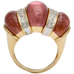 Cabochon Pink Tourmaline Diamond Gold Bombe Ring