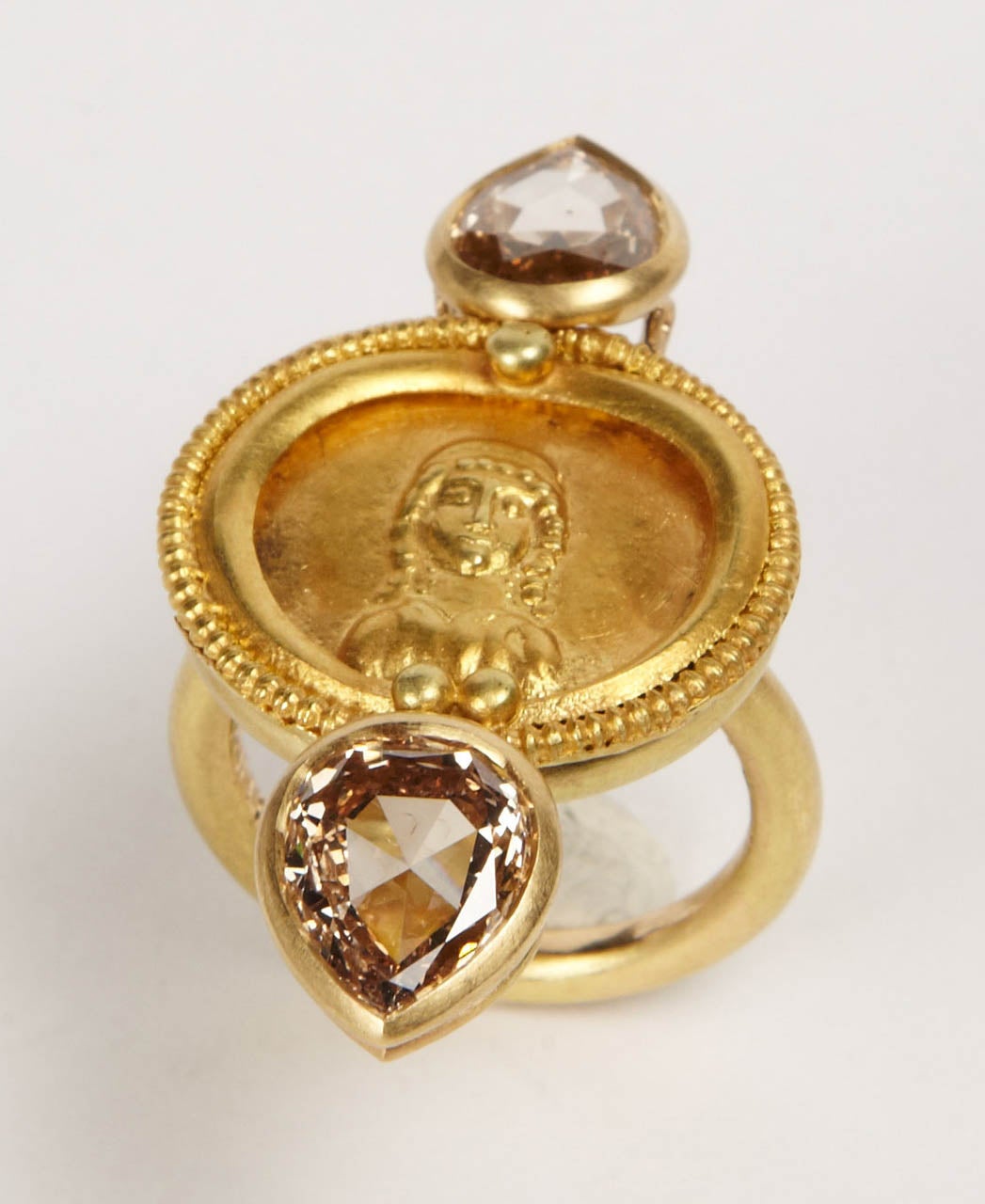 Gold Roman Button and Diamond Ring For Sale 1
