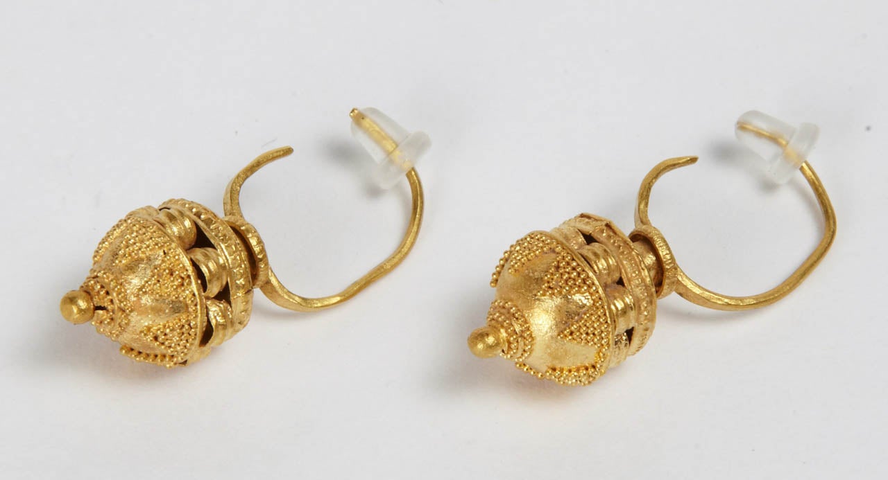 Original pair of gold earrings with a delicate decoration of granulation and filigree, Classical Greek period, Oriental Greece.