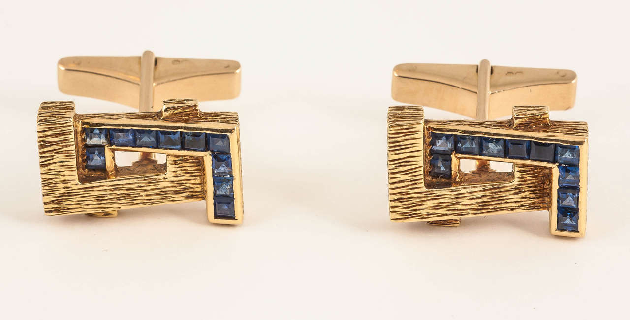 1970s Kutchinsky of London Sapphire Gold Cufflinks and Tie Clip 6