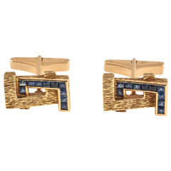 Vintage 1970s Kutchinsky of London Sapphire Gold Cufflinks and Tie Clip