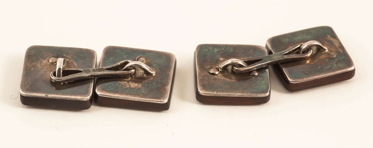Antique Cufflinks with Silver Game Motifs mounted on Bog Oak, English circa 1920