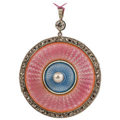 Enamel Pearl Diamond Gold Platinum Disc Pendant 3