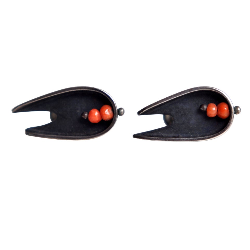 Ed Wiener Mid-Century Modernist Earrings with Coral Beads  For Sale