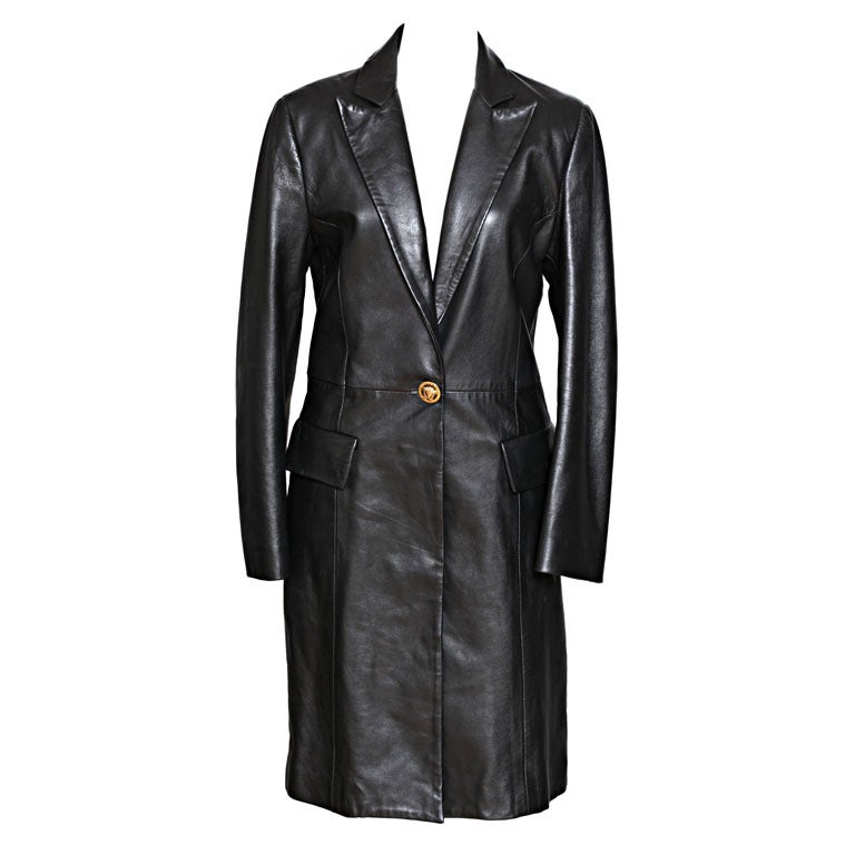 Versace Jeans Couture Black Leather Coat with Medusa Button