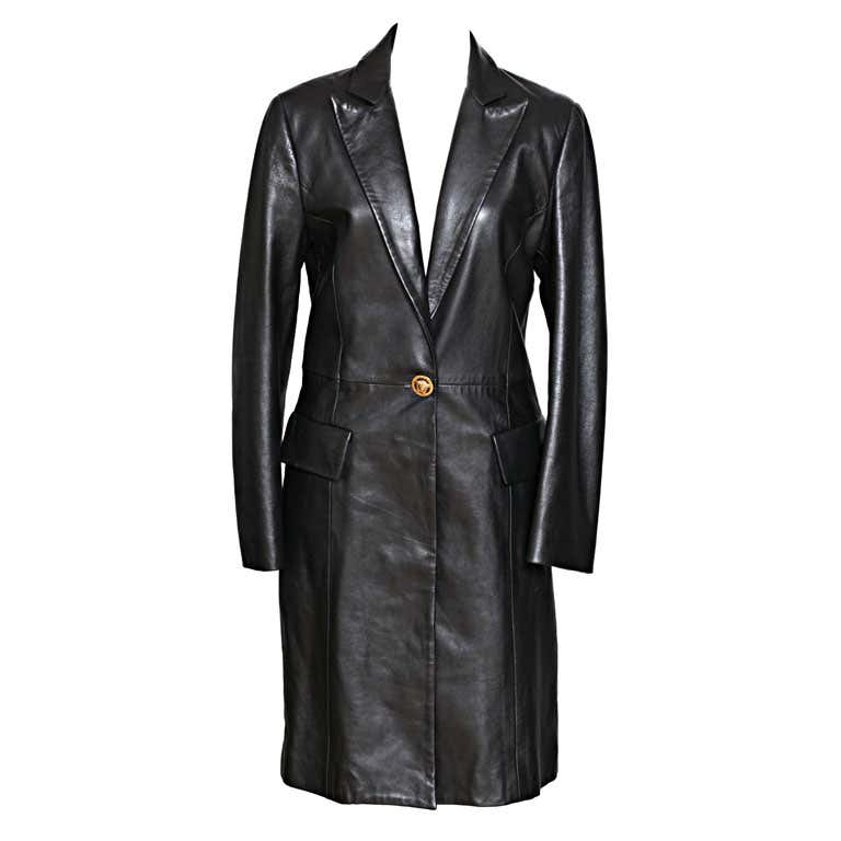 Versace Jeans Couture Black Leather Coat with Medusa Button at 1stDibs ...