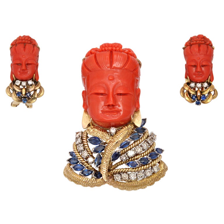 Coral Diamond Sapphire Gold Chinoiserie Set at 1stdibs
