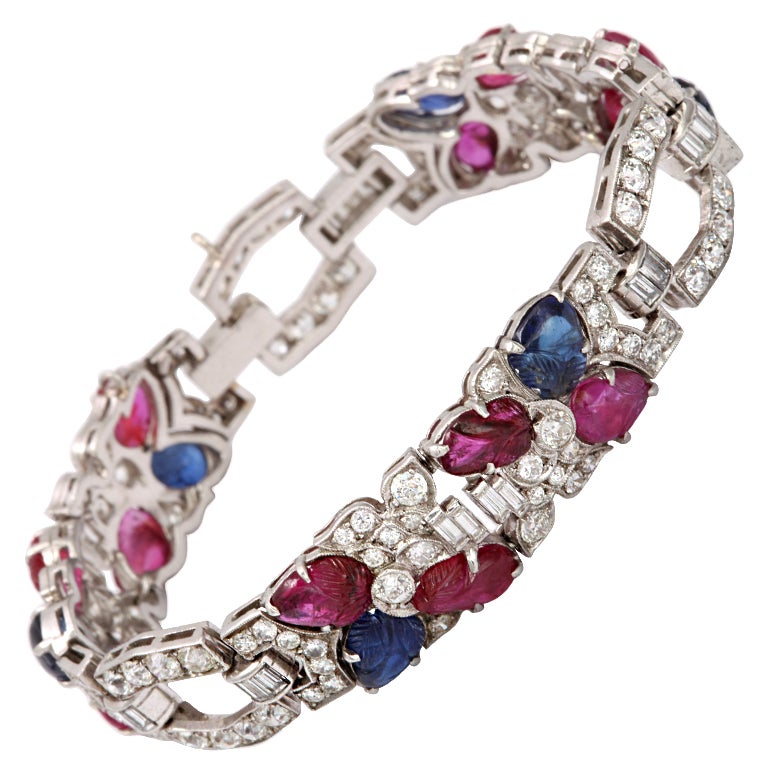 Art Deco Diamond "Fruit Salad" Ruby Sapphire Bracelet For Sale