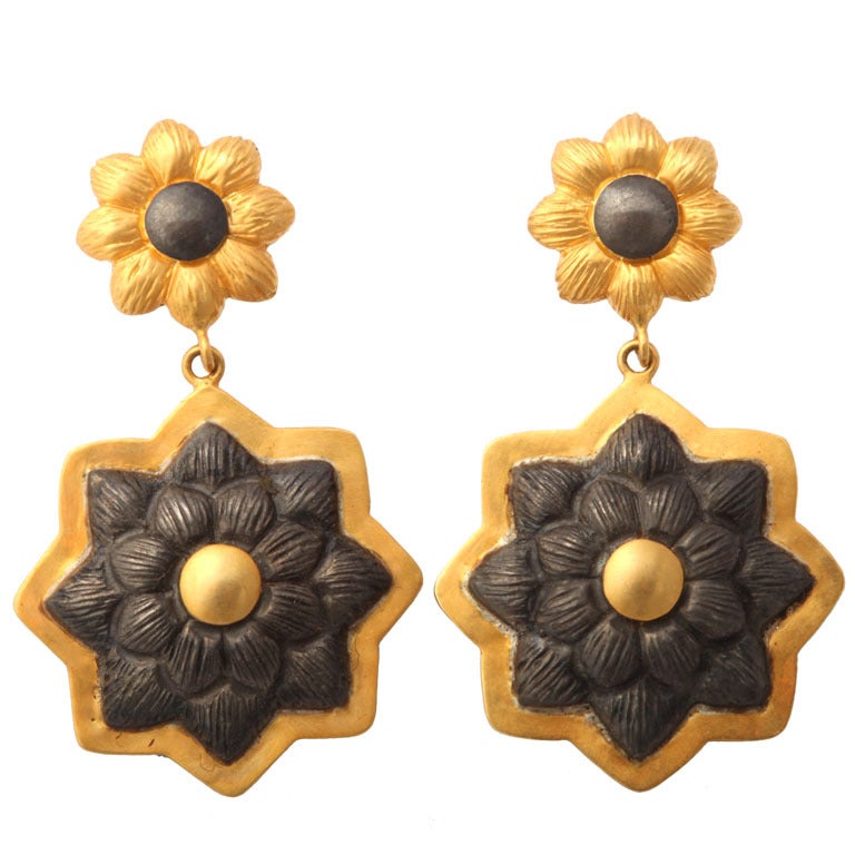 Gold Silver Sunflower Earrings For Sale