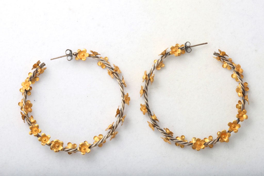 Gold Silver Floral Vine Hoop Earrings For Sale at 1stdibs