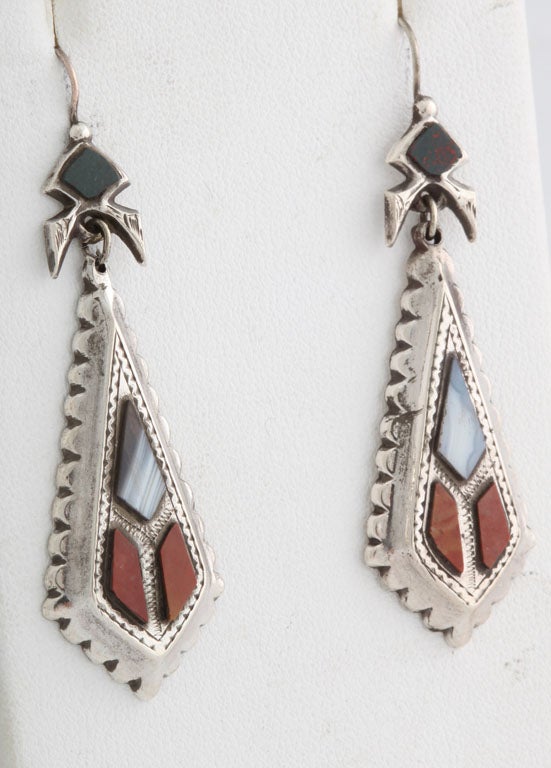 Victorian Sterling Silver -Mounted Scottish Agate Hanging Earrings